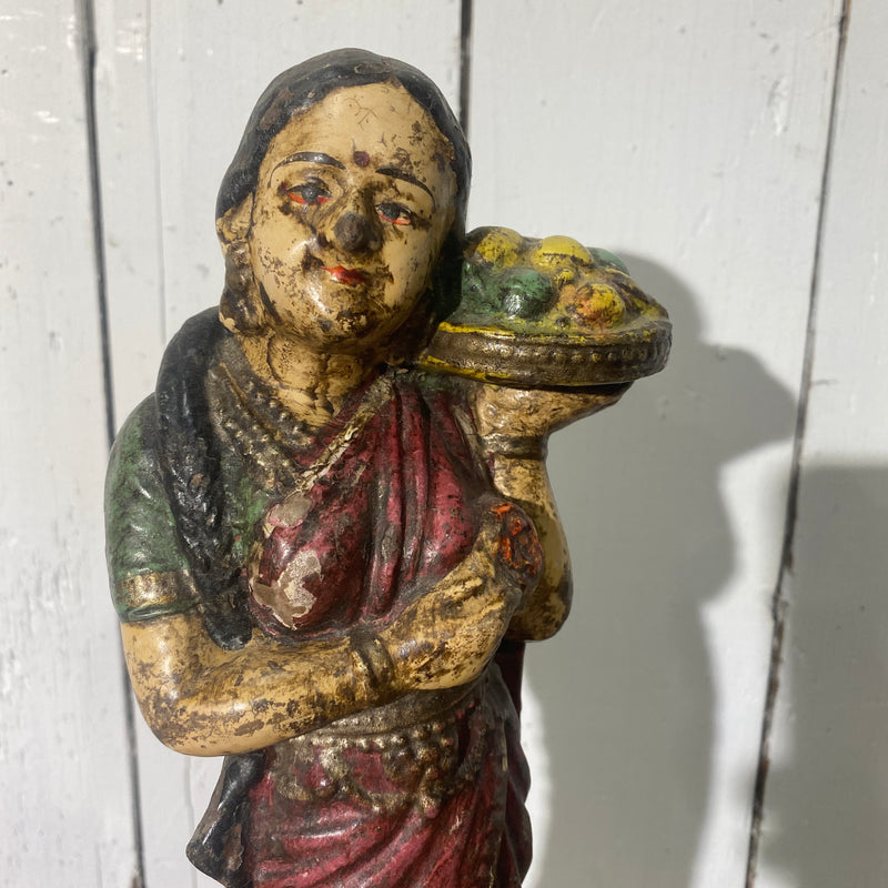 VINTAGE INDIAN HAND PAINTED TERRACOTTA FIGURINE WOMAN WITH FRUIT TRAY| H32CM