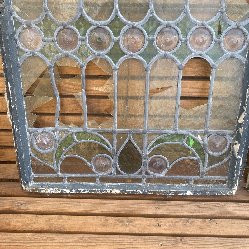 PAIR OF ANTIQUE STAINED GLASS ARCH WINDOWS (H96cm | W64cm)