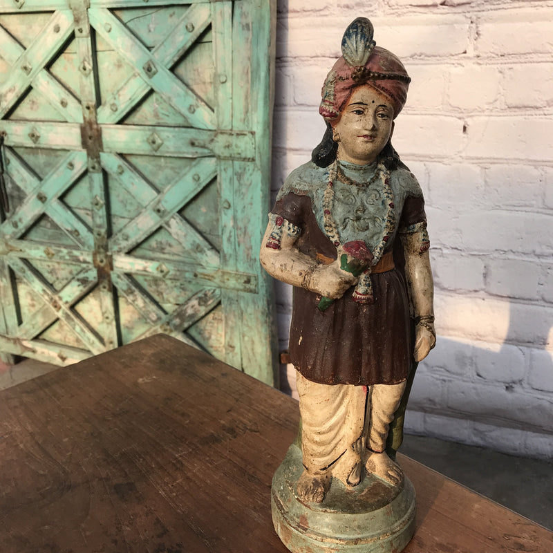VINTAGE INDIAN HAND PAINTED TERRACOTTA FIGURINE MAN WITH TURBAN | H38CM
