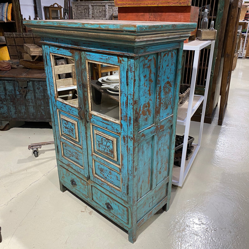 VINTAGE INDIAN MIRRORED PAINTED CABINET | BLUE TURQUOISE PATINA (H150CM | W106CM)